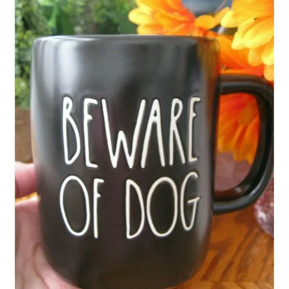 New Rae Dunn BEWARE OF DOG Black & Orange Ceramic Coffee Tea Mug Cup - Picture 3 of 9